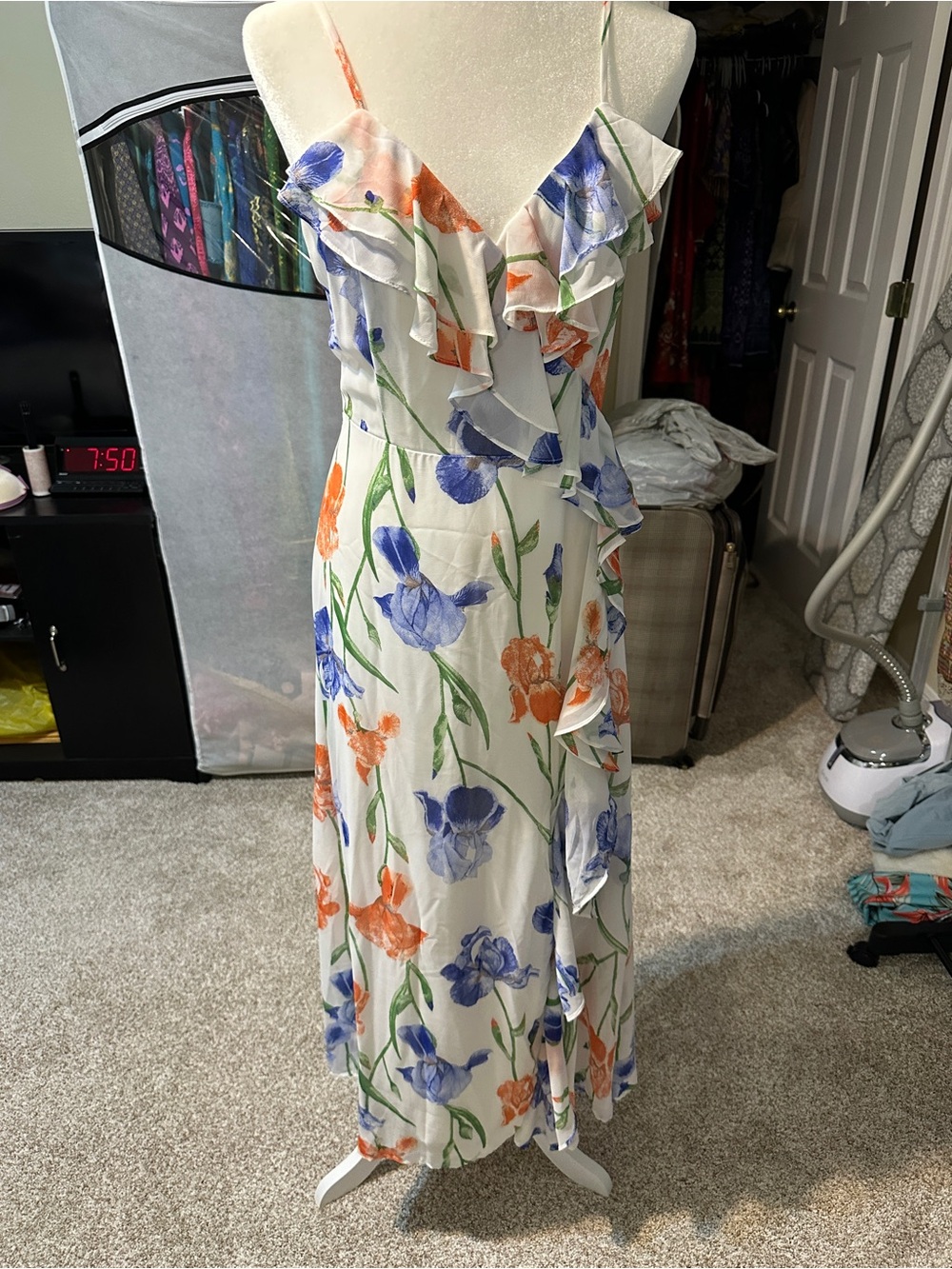 Lulus -Floral Ruffle Maxi Dress in White with Blue & Orange Blooms